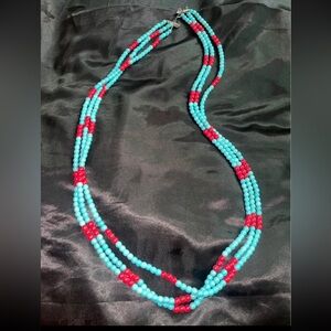 Triple-Strand Turquoise & Red Beaded Necklace - Unbranded